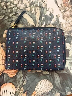 Fossil Passport Zip Wallet with navy and multicolor vibes print